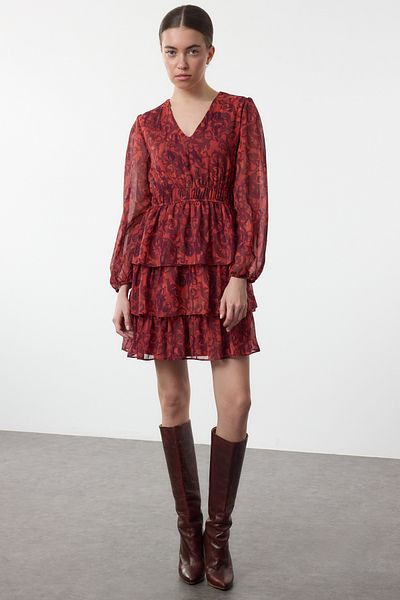 Trendyol Collection Rochie mini țesută etnică burgundă - TWOAW25EL00271