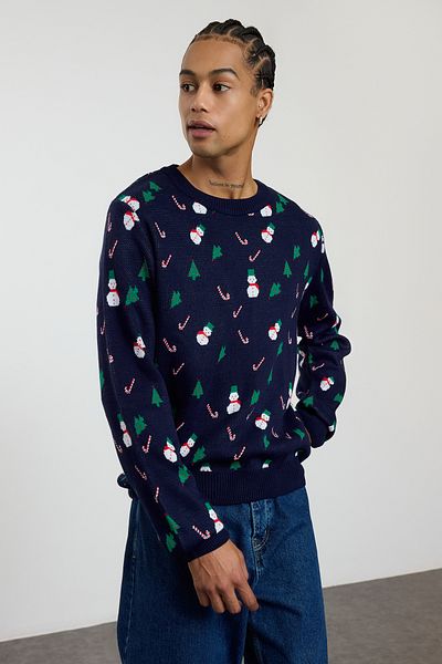 Trendyol Collection Marineblauer Unisex-Jacquardpullover - Normale Passform, Rundhalsausschnitt, Weihnachten TMNAW23KZ00163