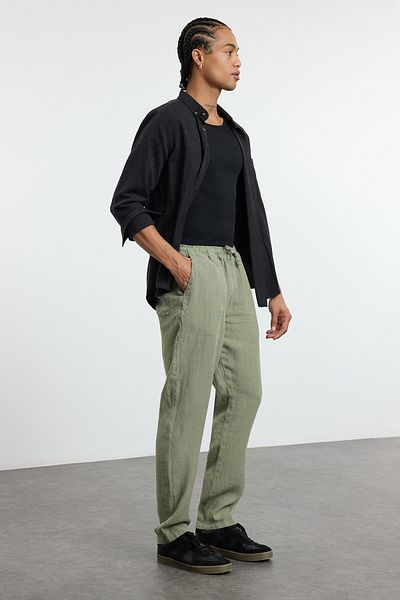 Trendyol Collection Khaki Limited Edition 100% Linen Straight Fit Elastic Waist Tied Trousers Tmnss24Pl00018