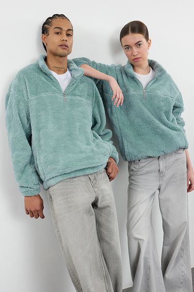 Trendyol Collection Unisex Mint Plush Oversize mikina - Stojací límec, Zip - Tmnaw25Sw00097