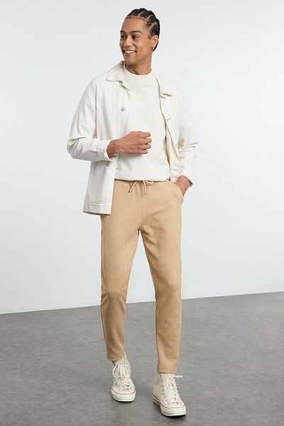 Trendyol Collection Μπεζ Slim Fit δεμένο ελαστικό σουέτ παντελόνι μέσης TMNAW25PL00030