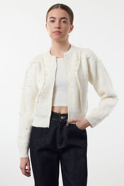 Trendyol Collection Ecru Soft Textured Zipped Stone Embroidered Coat Look Strickjacke TWOAW25HI00168