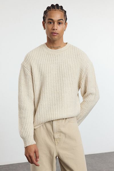 Trendyol Collection Πλεχτό πουλόβερ με ρεγκλάν λαιμό και δομημένη υφαντική σε unisex oversized σχέδιο TMNAW25KZ00011