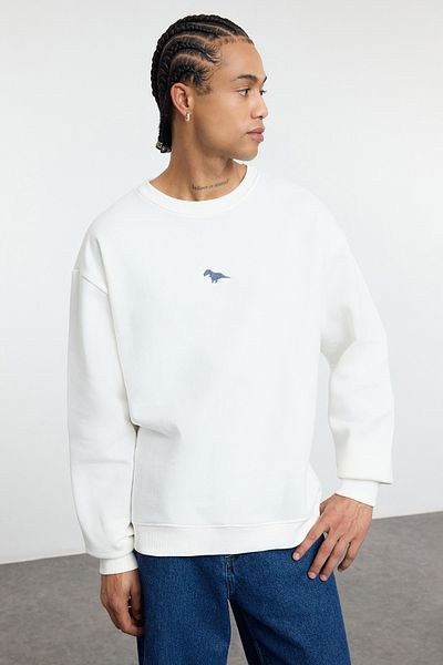 Trendyol Collection Ecru Rundhalsausschnitt Oversize/Weit geschnittenes Fleece-Dinosaurier-Stickerei-Sweatshirt TMNAW24SW00064