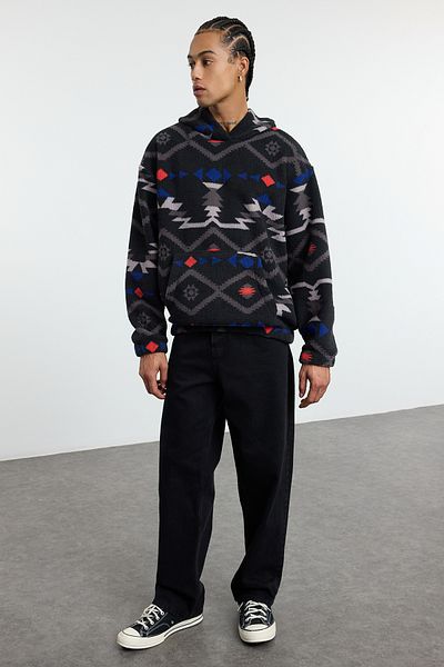 Trendyol Collection Unisex Schwarzes Oversize-Sherpa-Fleece – Plüsch-Kapuzenpullover TMNAW25SW00147