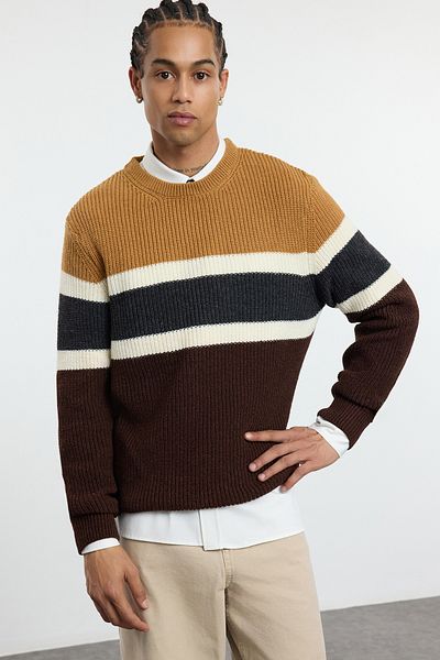 Trendyol Collection Мъжки тънък вълнен трикотажен пуловер - кръгло деколте, цветен блок Tmnaw22Kz0343