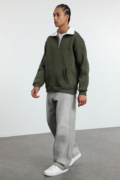 Trendyol Collection Khaki Fleece Oversize mikina - stojáček, zip Tmnaw25Sw00081