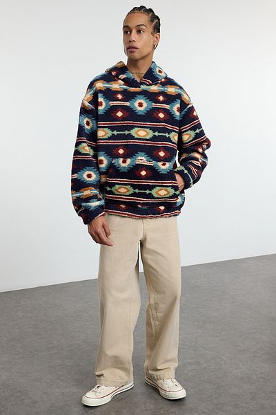 Trendyol Collection Тъмносин суитшърт с качулка от полар от шерпа, унисекс.