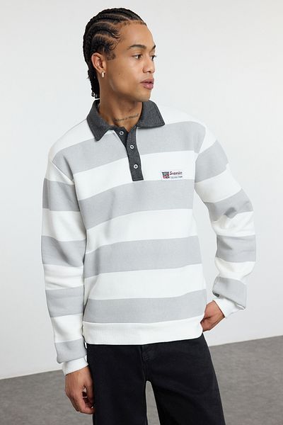 Trendyol Collection Памучен суитшърт с раирана поло яка - екрю, обикновена кройка TMNAW24SW00240