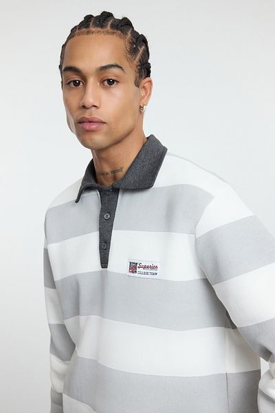 Trendyol Collection Памучен суитшърт с раирана поло яка - екрю, обикновена кройка TMNAW24SW00240