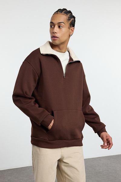 Trendyol Collection Καφέ Fleece Oversize Φούτερ - Σταντ γιακά, Λεπτομέρεια με φερμουάρ TMNAW25SW00081