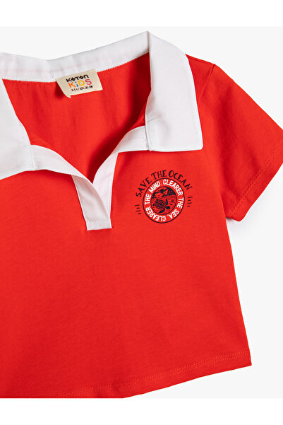 Koton Cotton Polo Collar T-Shirt - Print Detail, Short Sleeve, Color Block