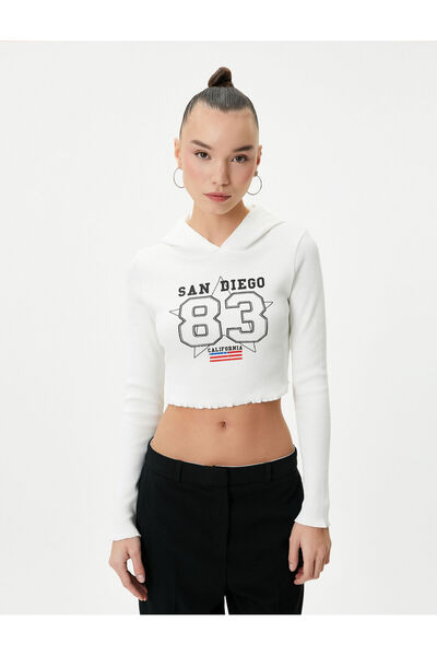 Koton Βαμβακερό μπλουζάκι με κουκούλα Ultra Crop - εμπριμέ, μακρυμάνικο, με ραβδώσεις