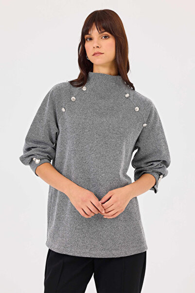 SEÇİL Gray Stand Collar and Button Detailed Selçil Women's Sweatshirt 1011