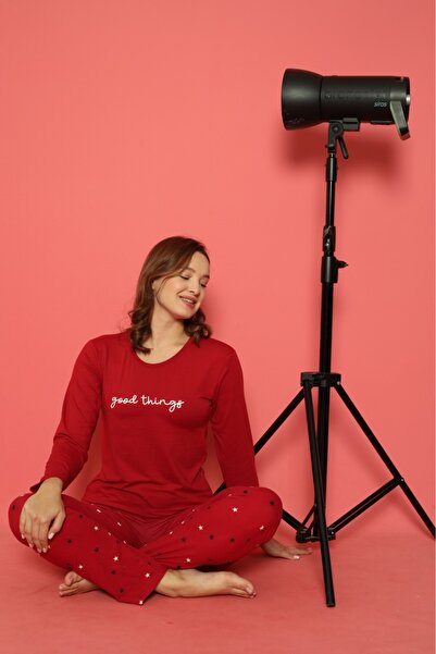 Temporium Kadın Baskılı Desenli Uzun Kollu Milan Kumaş Bambu Pijama Takımı