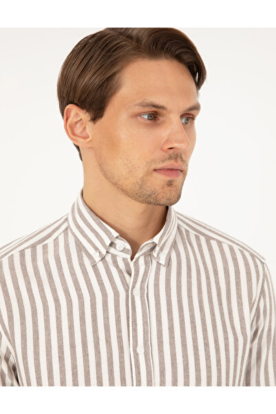 Pierre Cardin Kahverengi Regular Fit Çizgili Uzun Kollu Gömlek 50295253-VR029