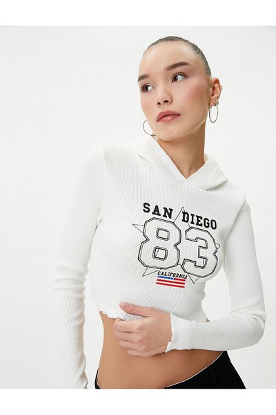 Koton Cotton Ultra Crop Hooded T-Shirt - Printed, Long Sleeve, Ribbed