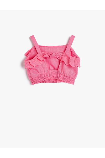 Koton λινό Crop μπλούζα με τιράντες και λεπτομέρεια RuFFle