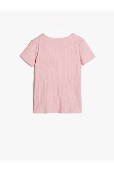 Koton Kurzärmliges Rundhals-T-Shirt aus Baumwolle – Schleifendruck und Paillettendetail