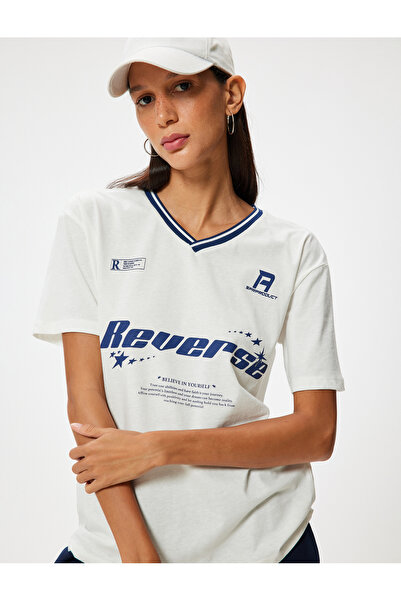 Koton Tricou cu mânecă scurtă din bumbac cu decolteu în V - imprimat pentru c...