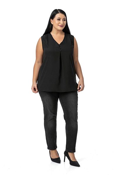 DISENTIS MODEST Plus Size Covered Button Detailed Sleeveless V-Neck Black Blouse