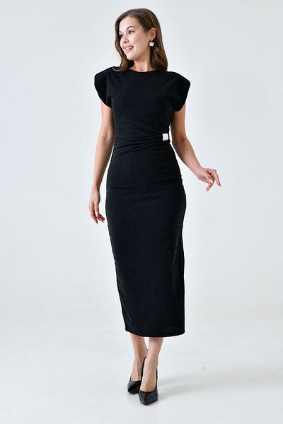 WOMAN VISION Rochie midi fără mâneci pentru femei, neagră, cu sclipici, cu cataramă și detaliu de vată 4434
