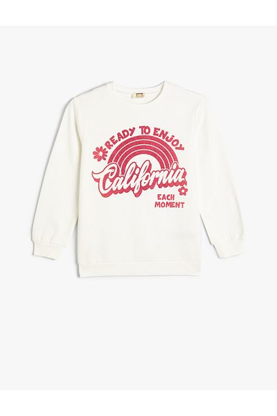 Koton California Printed Cotton Sweatshirt - Silvery, Long Sleeve, Crew Neck Raster