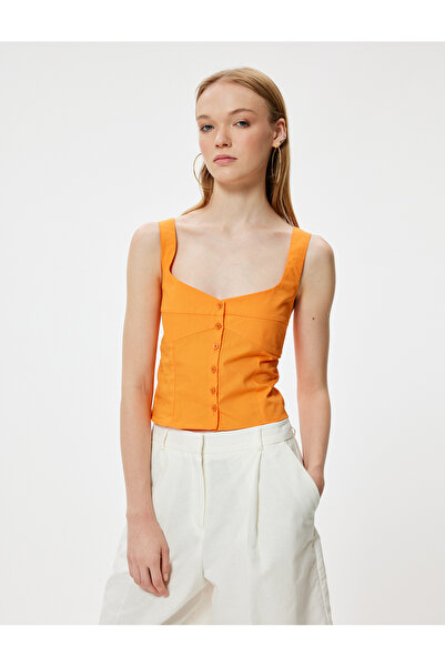 Koton Crop Atlet Poplin Kalın Askılı Düğmeli V Yaka Slim Fit