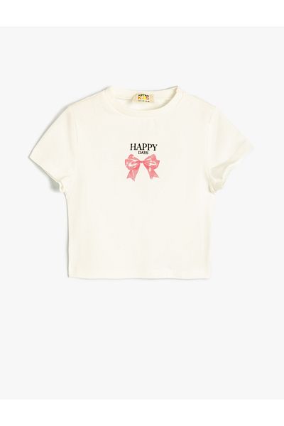 Koton Cotton Short Sleeve T-Shirt - Bow Printed, Crew Neck