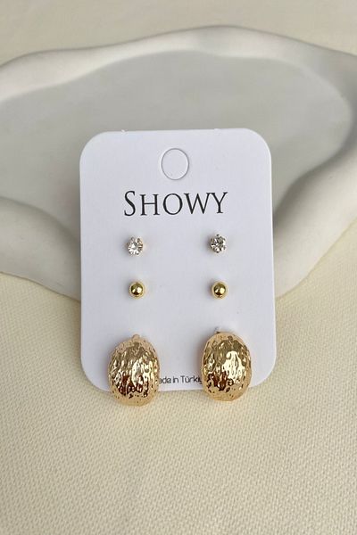 DEMOKAN Women's Earrings 6-Piece Textured Bombe Design Plain Stone Detail Earrings