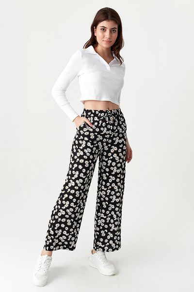 Select Moda Women's Floral Print Elastic Waist Wide Leg Pants