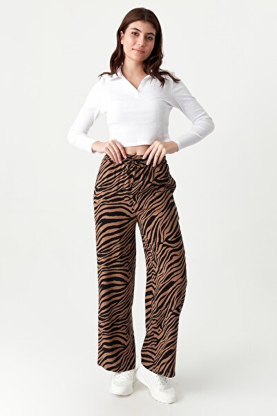 Select Moda Γυναικείο παντελόνι με φαρδύ πόδι με σχέδιο ζέβρα με ελαστική μέση