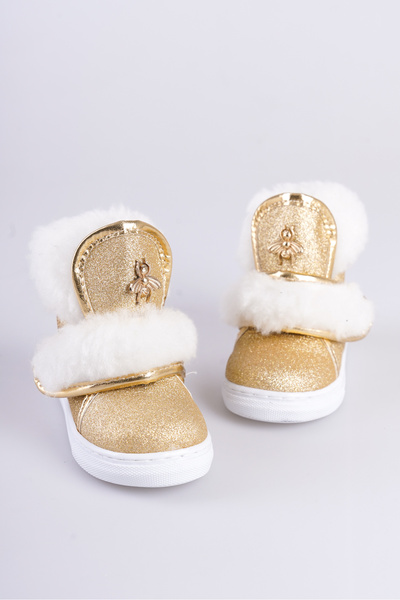 CAMOLLA Altın Simli Kürklü Arı Detaylı Cırtlı Kaymaz Taban Kız Çocuk Bot