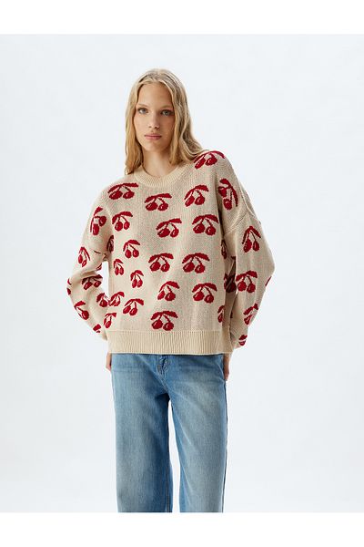 Koton Cherry Pattern Oversize Sweater - Crew Neck, Long Sleeve