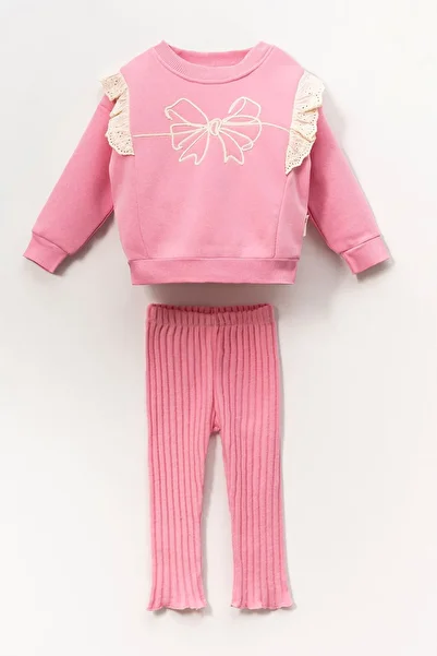 Minigimin Cicileri Pink Baby's Flowers Embroidered Three Strings Set for 2-5 Years Old Girls
