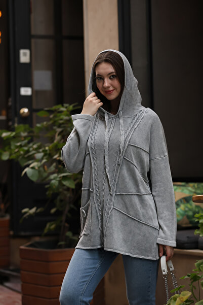 AYASOFYA OTANTIK Women's Gray Hooded Patterned Distressed Oversize Loose Cotton Knitwear Blouse Pullover Tunic