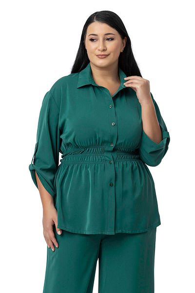 DISENTIS MODEST Plus Size Elastic Waist Drawstring Detailed Shirt Trousers Emerald Green Double Set