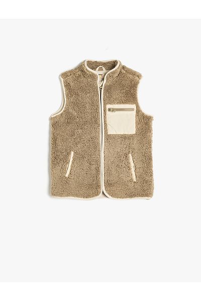 Koton Plush Vest with Stand Collar and Pockets - Zippered Closure