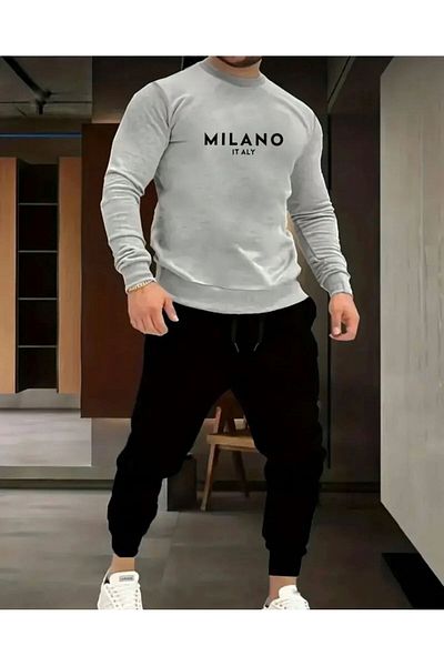 khufu Unisex Mi̇lano Italian Printed Gray Sweatshirt and Black Tracksuit Set