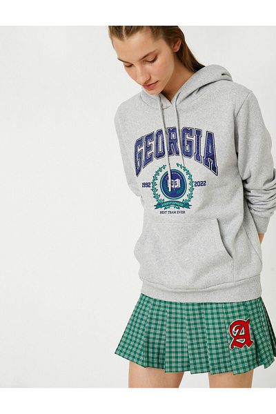 Koton Hooded College Sweatshirt with Pocket Printed Fleece Inside