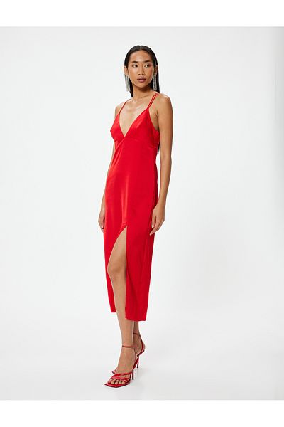 Koton V-neck Slit Midi Strap Dress - with Back Detail