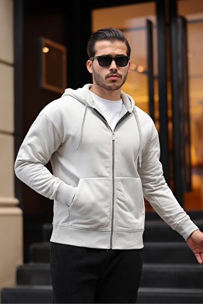 Valiberta İçi Peluş Üç İplik Kumaş Oversize Fermuarlı Kapüşonlu Sweatshirt- Mineral Gri
