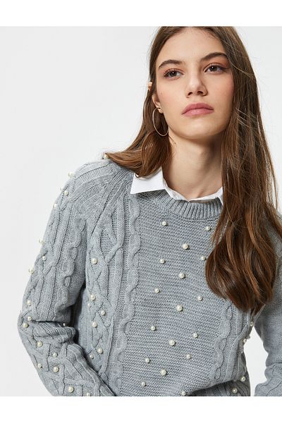 Koton Knitwear Sweater Pearl Detailed Hair Knit Textured Long Sleeve Crew Neck