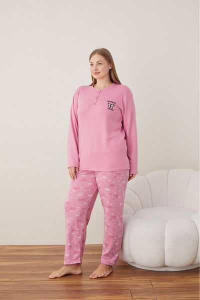 Temporium Women's Winter Plus Size Curve Embroidered Patterned Collar Buttoned Long Sleeve Pajama Set