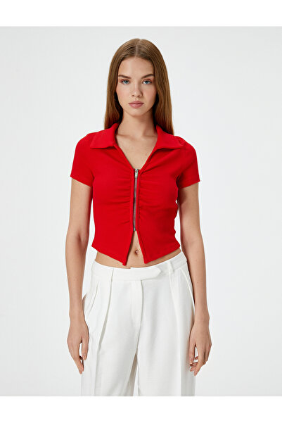 Koton Rövid ujjú, cipzáras póló póló - Slim Fit pamut bordázott