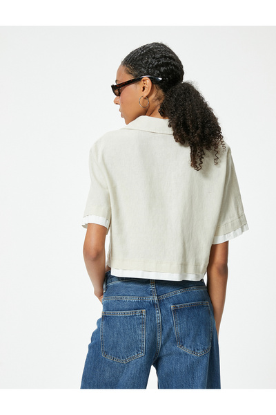 Koton Crop Gömlek Oversize Düğmeli Kısa Kollu Devrik Yaka Keten Karışımlı