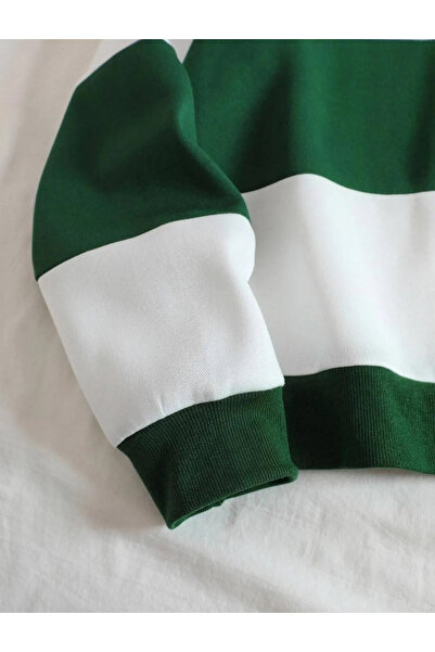 FAVORİST Unisex Oversize Polo Collar Brown Striped Sweatshirt - Half Zipper