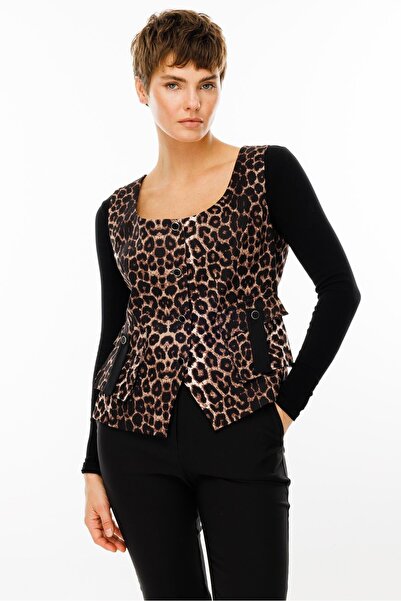 Moda İlgi Modailgi  Leopar Desen U Yaka Düğme Kapamalı Torba Cepli Yelek Siyah