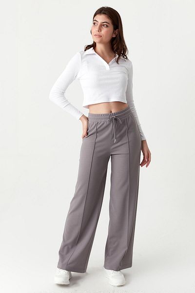 Select Moda Women's Gray Elastic Waist Wide Leg Fabric Trousers