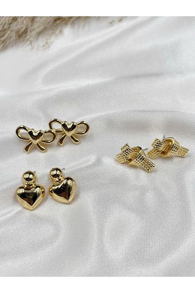 Eylülün Takısı Women's Gold Color 3 Pairs Design Earrings Set